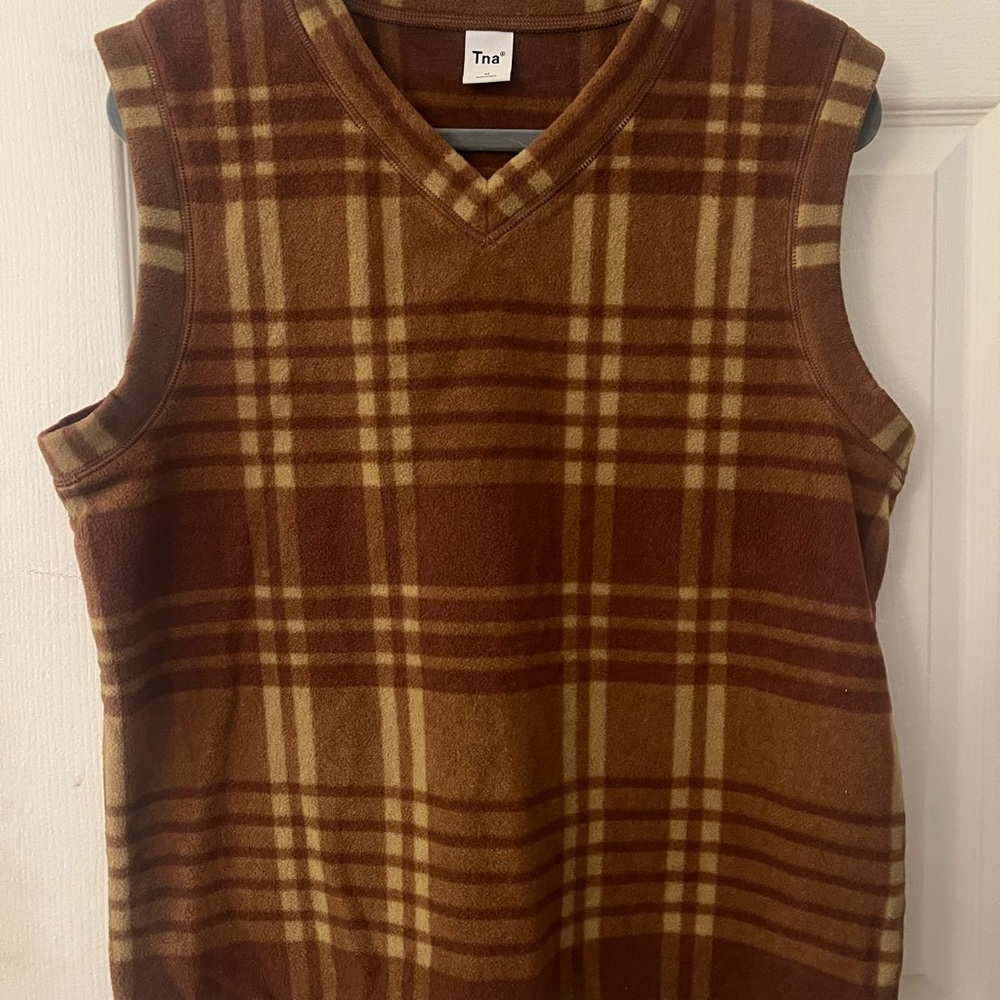 TNA Women's Brown Plaid V-Neck Sweater Vest